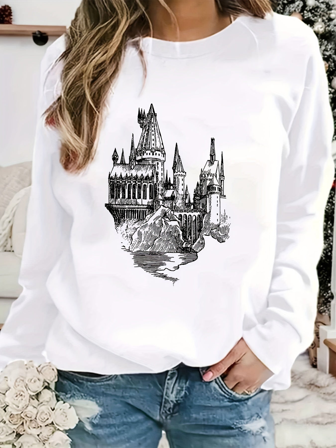 Castle Print Sweatshirt Crew Neck Long Sleeve Casual