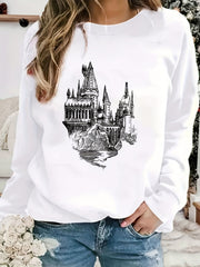 Castle Print Sweatshirt Crew Neck Long Sleeve Casual