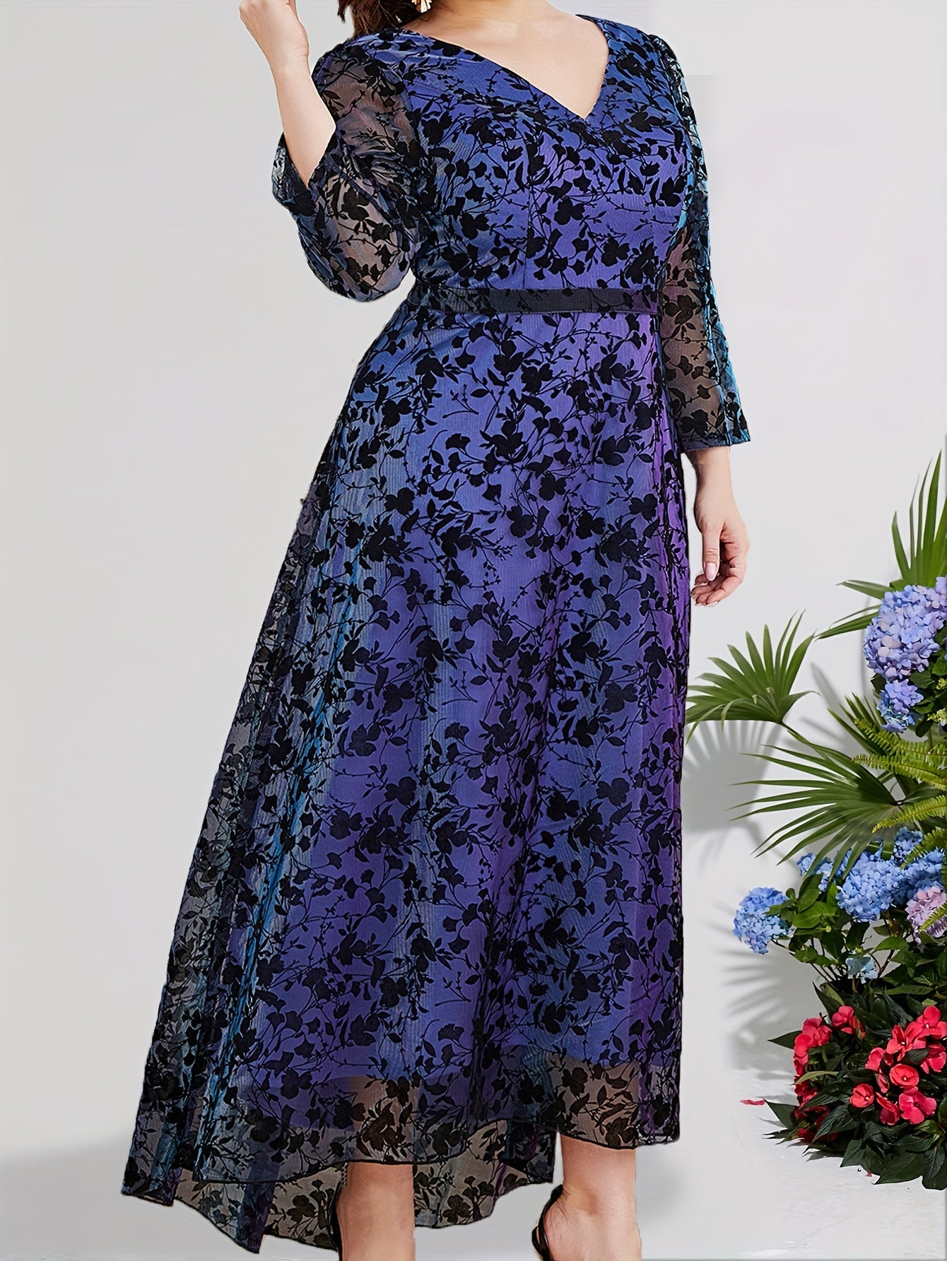 Floral Embroidered V Neck Maxi Dress