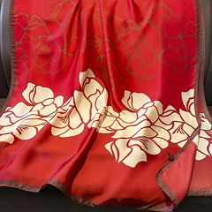 Red Big Flower Print Scarf Block Satin Shawl Silk Head Wrap