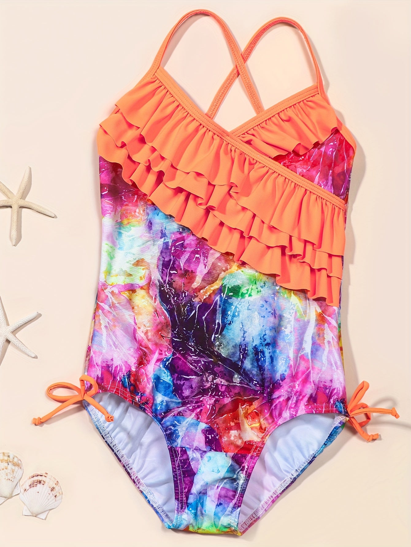 Floral Flamingo Girls Swimsuit with Ruffled Trim