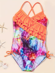 Floral Flamingo Girls Swimsuit with Ruffled Trim