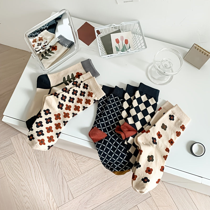 5 Pairs Floral & Plaid Print Socks Women's Mid Tube Stockings