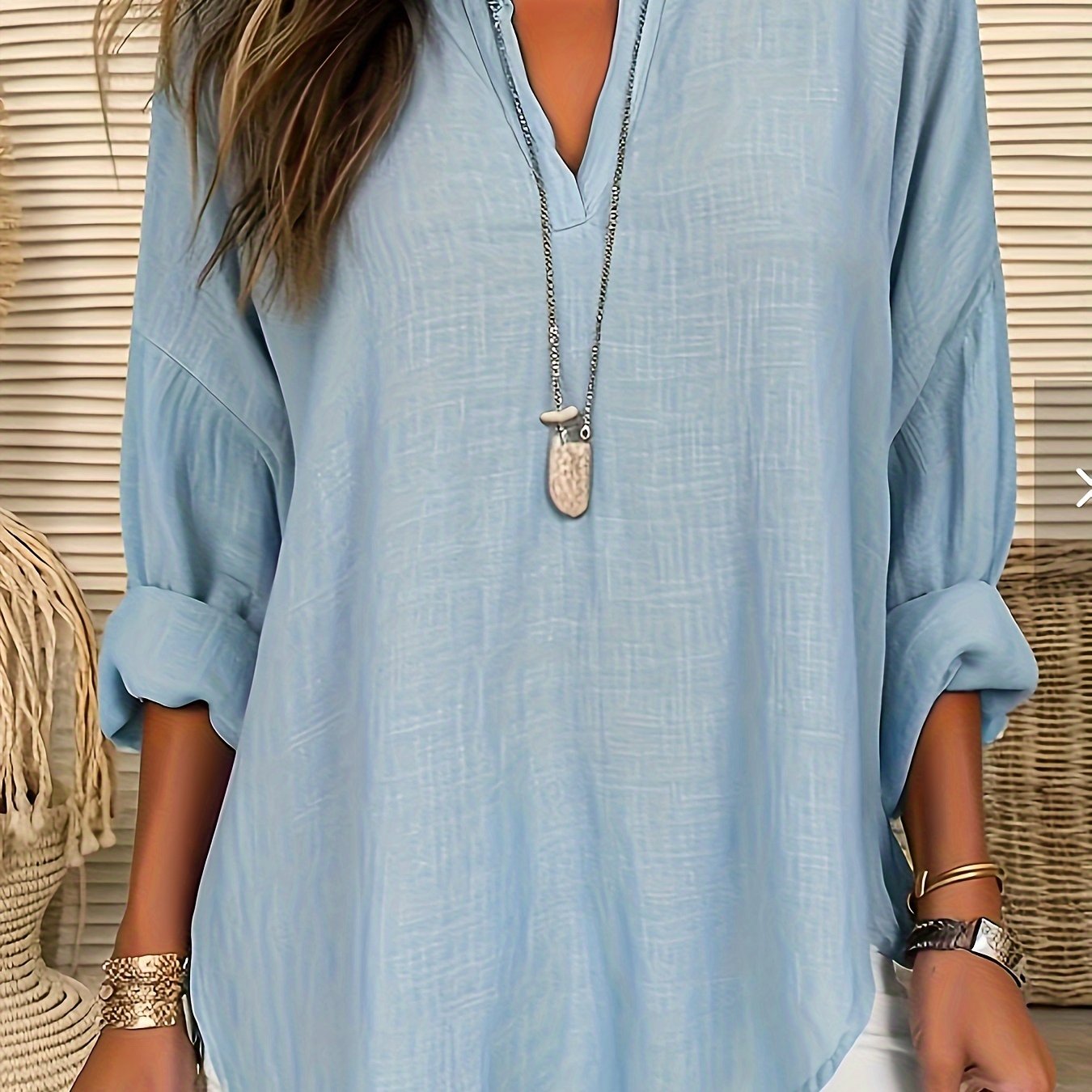 Solid Button Up Mock Neck Blouse Loose Fit Top