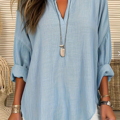 Solid Button Up Mock Neck Blouse Loose Fit Top