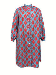 Boho Dress Women's Argyle Print Long Sleeve Shirt Dress