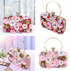Floral Rhinestone Clutch Purse Chain Shoulder Bag