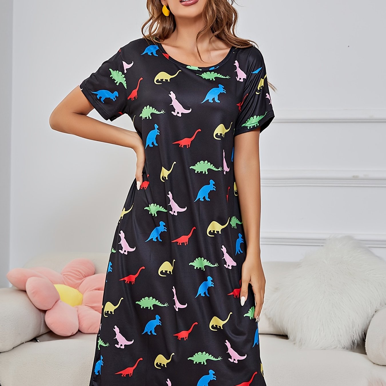 Dinosaur Print Nightdress Short Sleeve Sleep Dress Women's Sleepwear