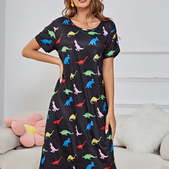 Dinosaur Print Nightdress Short Sleeve Sleep Dress Women's Sleepwear