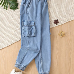 Girls Casual Cargo Denim Pants With Pockets Summer Kids Clothes