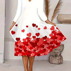Heart Print Long Sleeve V Neck Midi Dress