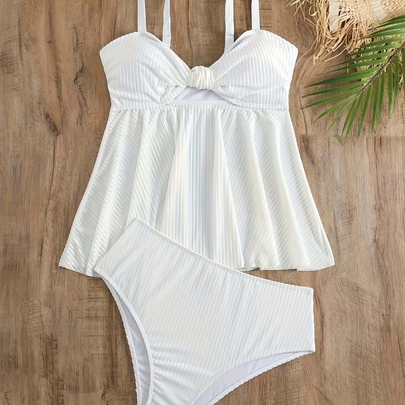 Ribbed Knit Tankini Set Solid Cut Out Cami Top & Panty Swimsuit