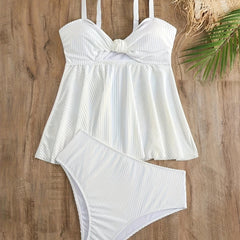 Ribbed Knit Tankini Set Solid Cut Out Cami Top & Panty Swimsuit