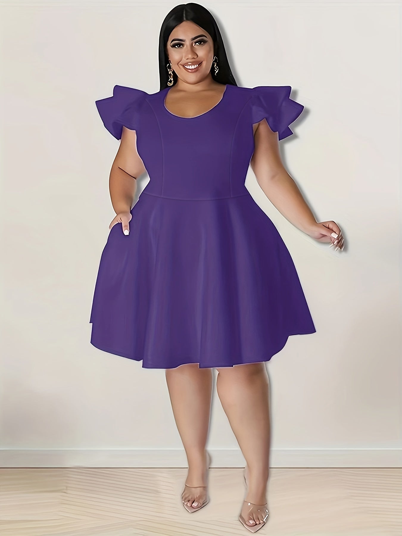 Solid Ruffle Sleeve A-Line Cocktail Party Dress With Pocket