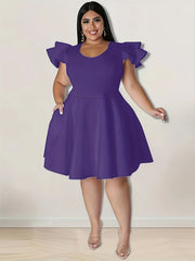 Solid Ruffle Sleeve A-Line Cocktail Party Dress With Pocket