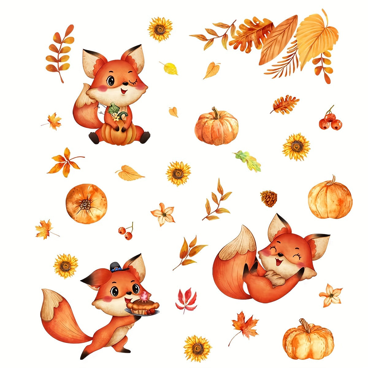 6pcs Golden Maple Leaf Pumpkin Fox Glass Window Decorations