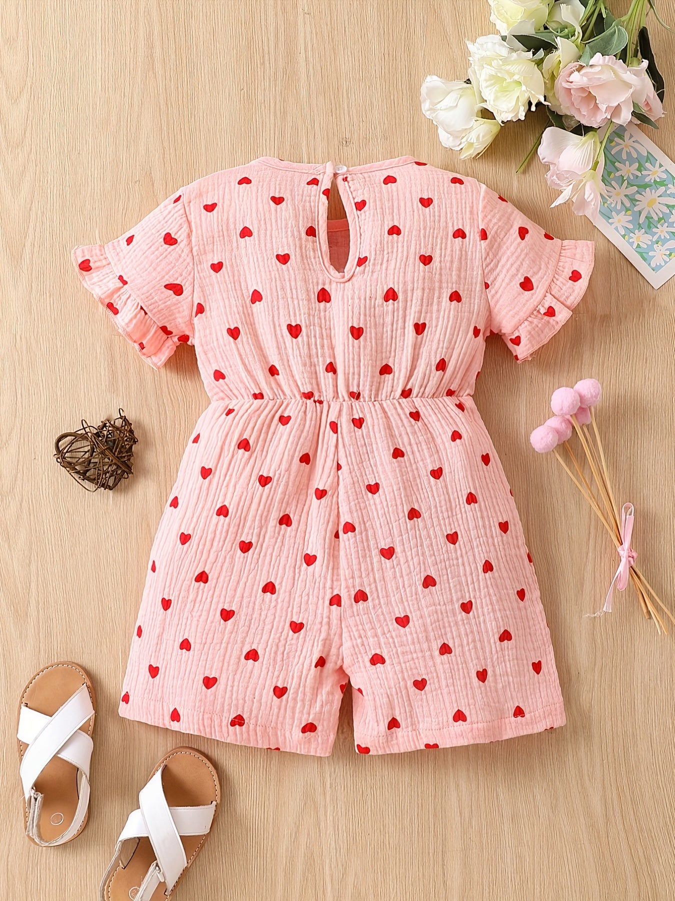Girls Heart Print Ruffle Sleeve Jumpsuit With Bow - Toddlers Kids Children