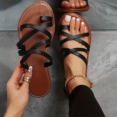 Women's Toe Loop Slide Sandals Cross Strap Slip On Flats Beach Shoes