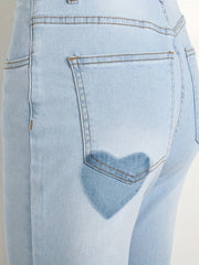 Heart Print Skinny Flared Jeans With Pockets