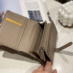 Women's Leather Bifold Wallet with Snap Closure Coin Pocket - Beige