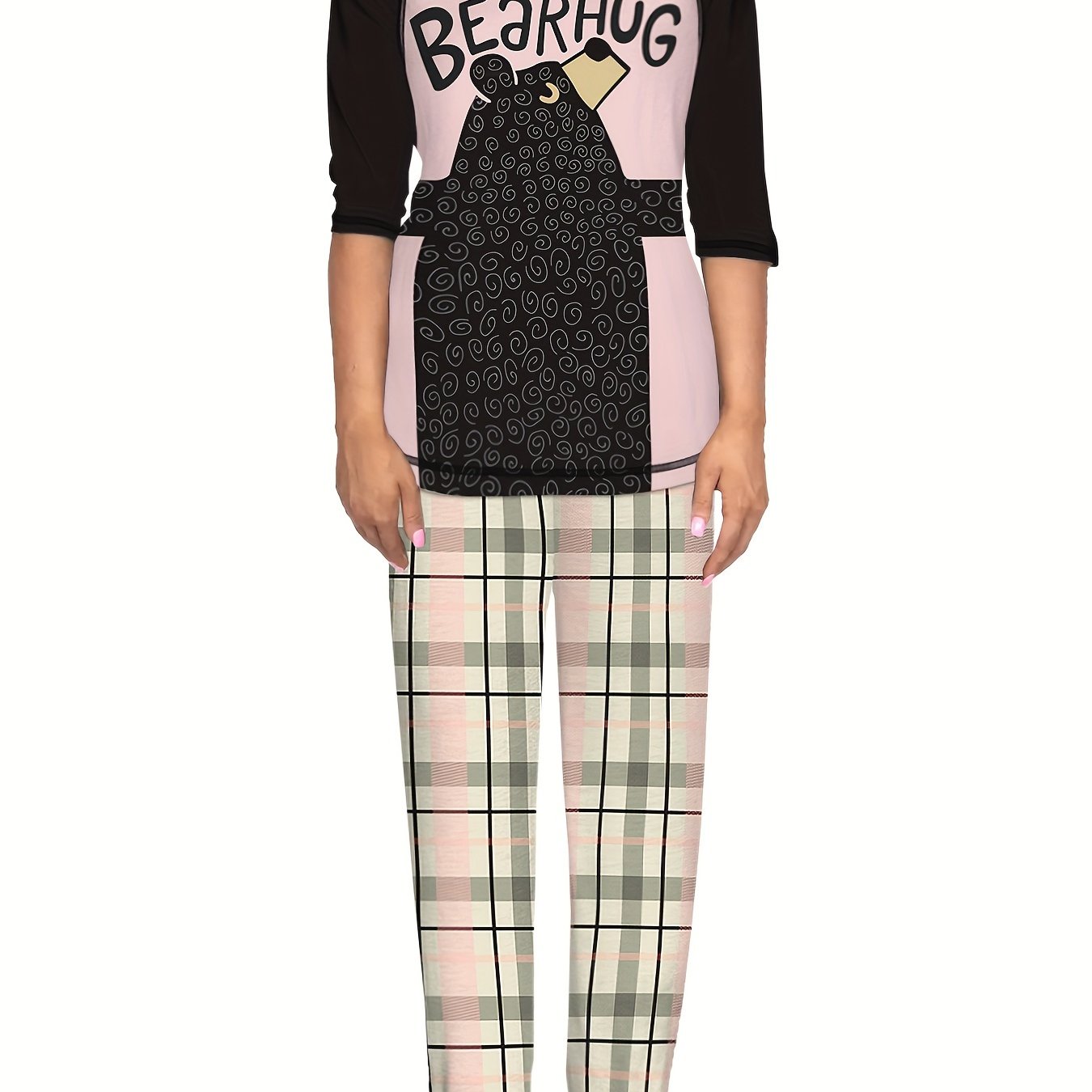 Christmas Cartoon Cat Print Lounge Set Long Sleeve Top & Pants Women's Pajamas