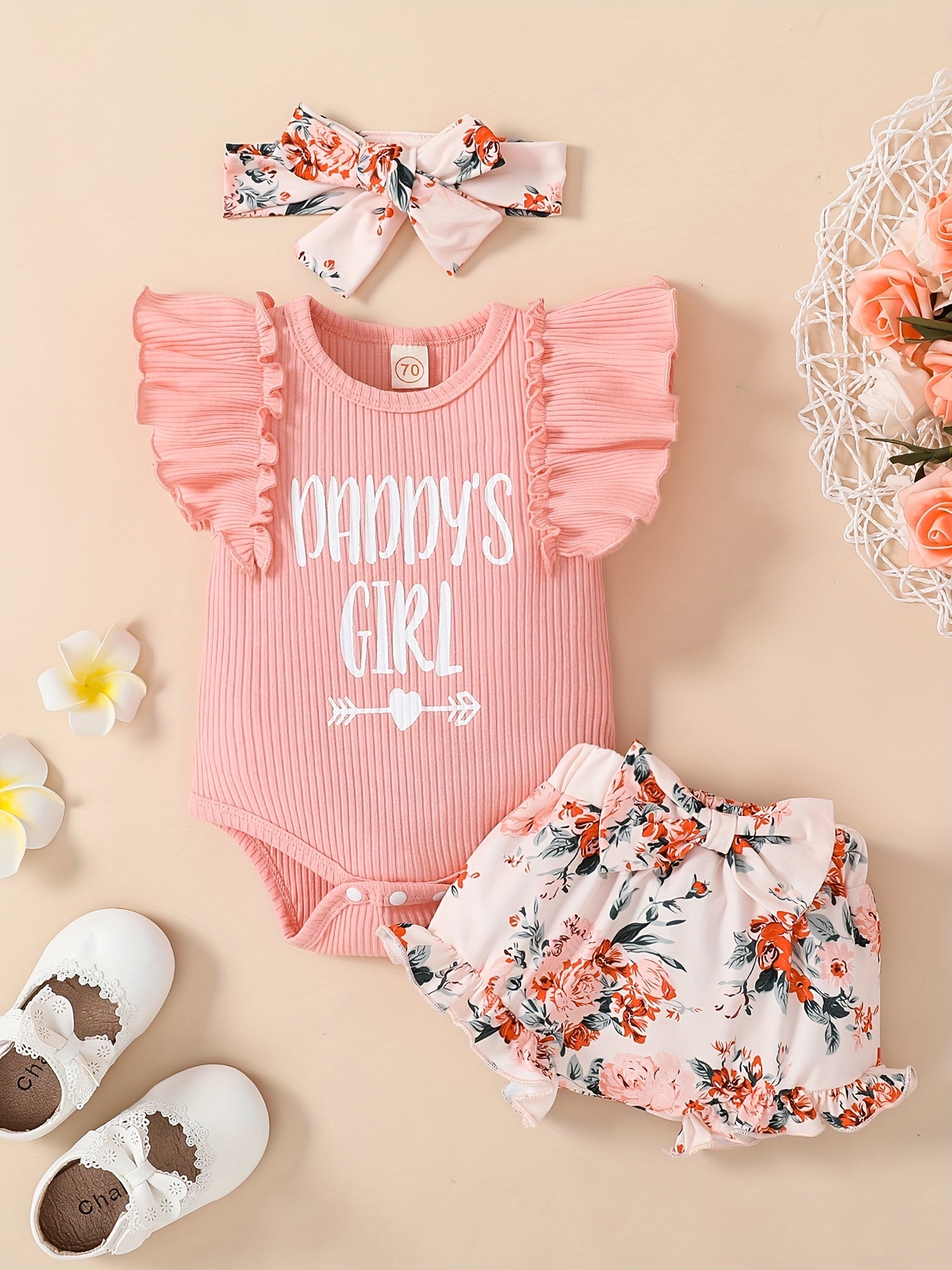 3pcs Baby Girls Daddy's Girl Ruffle Sleeve Onesie & Floral Shorts Set