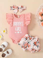 3pcs Baby Girls Daddy's Girl Ruffle Sleeve Onesie & Floral Shorts Set