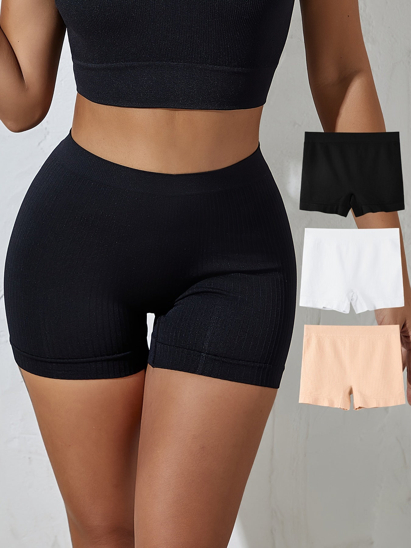 3pcs Solid Ribbed Boyshort Panties Soft & Comfortable Mid Rise Stretch Panties