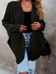 Solid Textured Batwing Sleeve Open Front Knit Cardigan