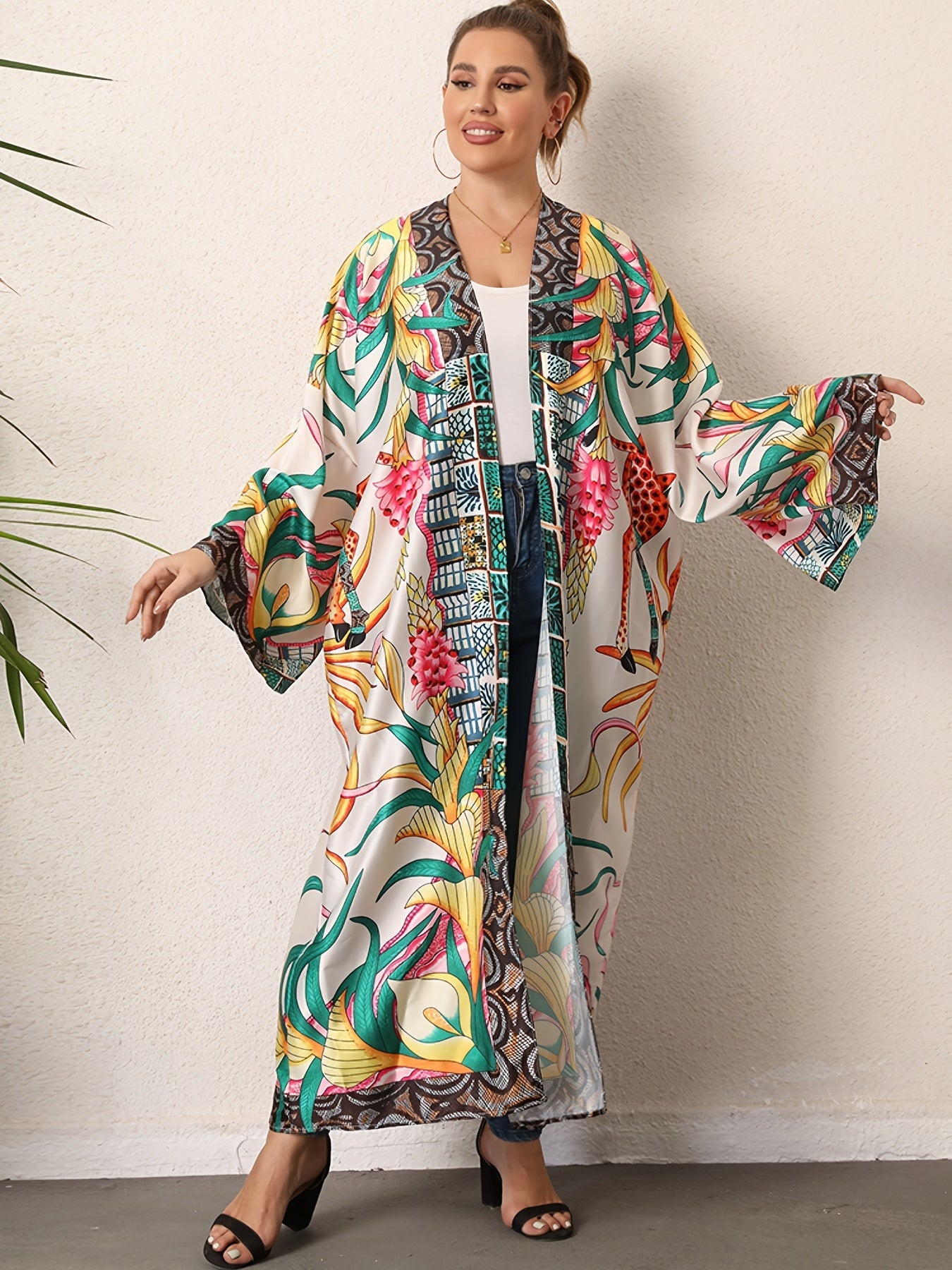 Boho Kimono Women's Plus Tribal Print Long Sleeve