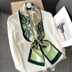 Classic Long Skinny Scarf Floral Print Satin Twilly Neckerchief