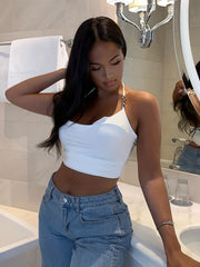 Y2K Chain Strap Crop Halter Top Sexy Cowl Neck Backless Halter