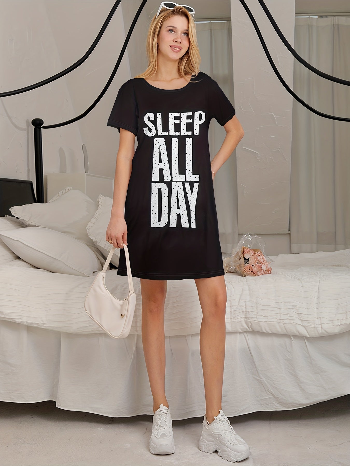 Letter Print Crew Neck Pajama Dress Women's Sleepwear