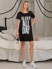 Letter Print Crew Neck Pajama Dress Women's Sleepwear