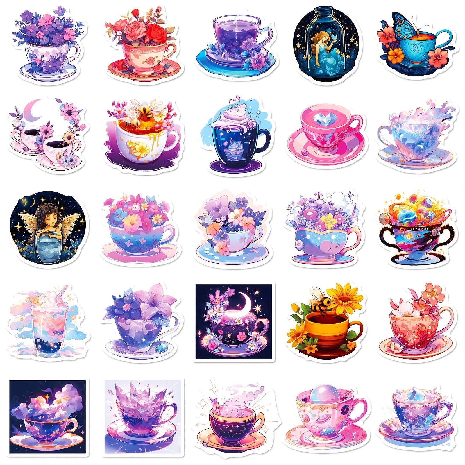 50pcs Tea Cup Stickers Waterproof DIY Bottles Laptops Phones Decal
