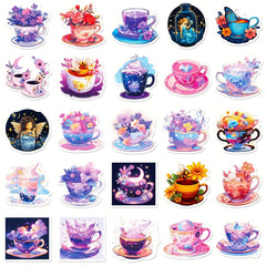 50pcs Tea Cup Stickers Waterproof DIY Bottles Laptops Phones Decal