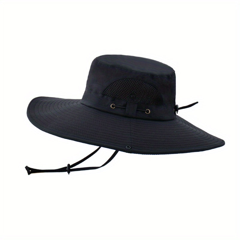 Breathable Mesh Sides Wide Brim Bucket Hat With Chin Strap