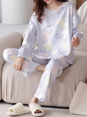 Heart Print Pajama Set Long Sleeve Crew Neck Top & Elastic Waistband Pants