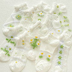 5 Pairs Floral Print Mesh Socks - Ruffle Ankle Stockings