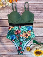Plant Print Mesh Contrast Push Up Swimsuit High Strech One Piece Bathing Suit
