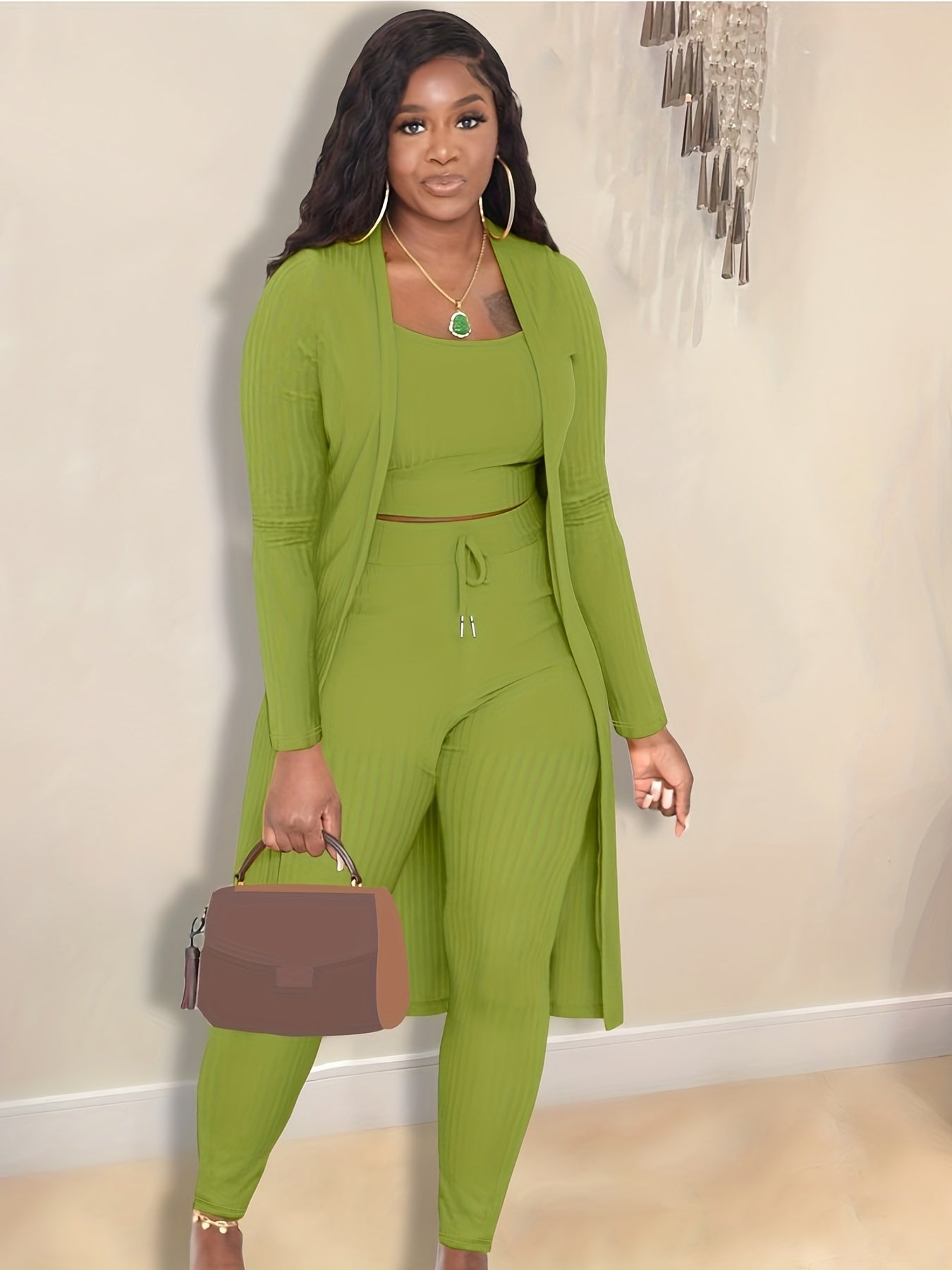 Ribbed Crop Top & Tie Leggings & Cardigan Set