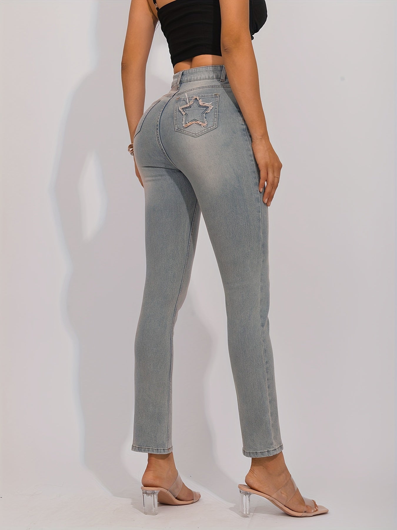 Punk Star Embroidery Skinny Jeans Raw Seam Detail High Rise Stretchy Denim Pants