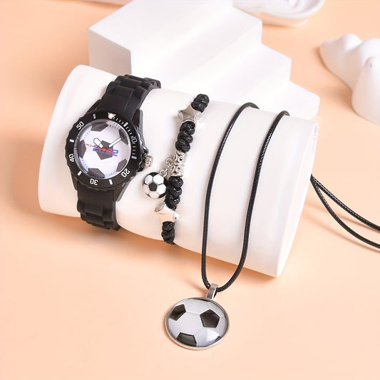 3pcs Boys' Silicone Football Watch Set Sports Quartz Wristwatch