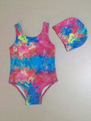 2pcs Toddler Girls Tie Dye Sleeveless Swimsuit & Cap Set Beach Bathing Suits
