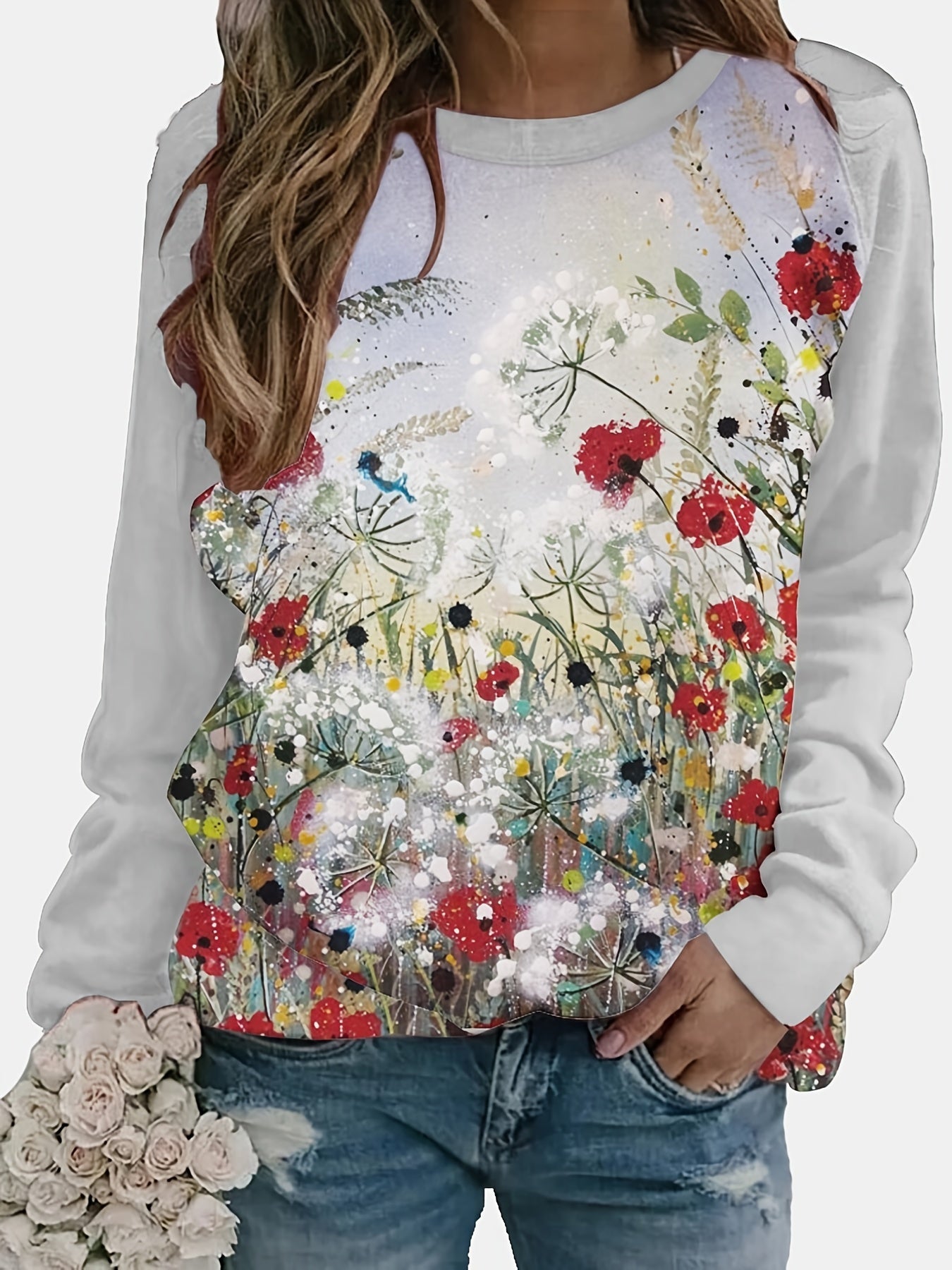 Graphic Print Crew Neck Long Sleeve T-shirt for Women