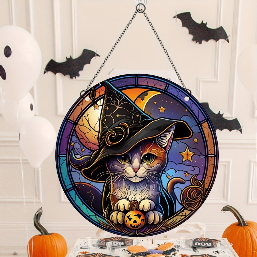 Acrylic Halloween Witch Hat Kitten Round Stain Window Hanging Decoration