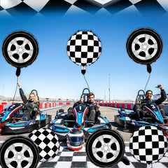 12 Pcs Checkered Racing Balloons & Car Wheel Aluminum Foil Race Car Balloons