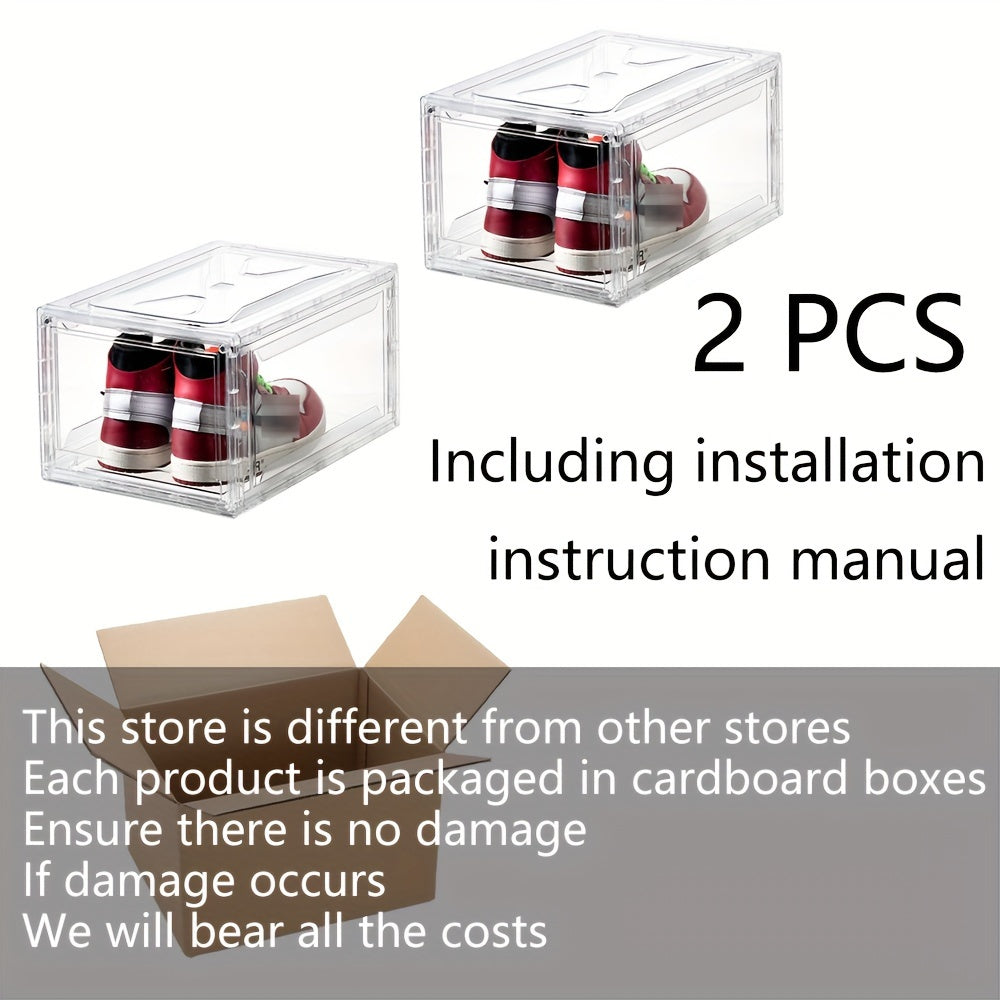 2pcs Transparent Shoe Boxes With Door Stackable Shoe Rack Plastic Organizer