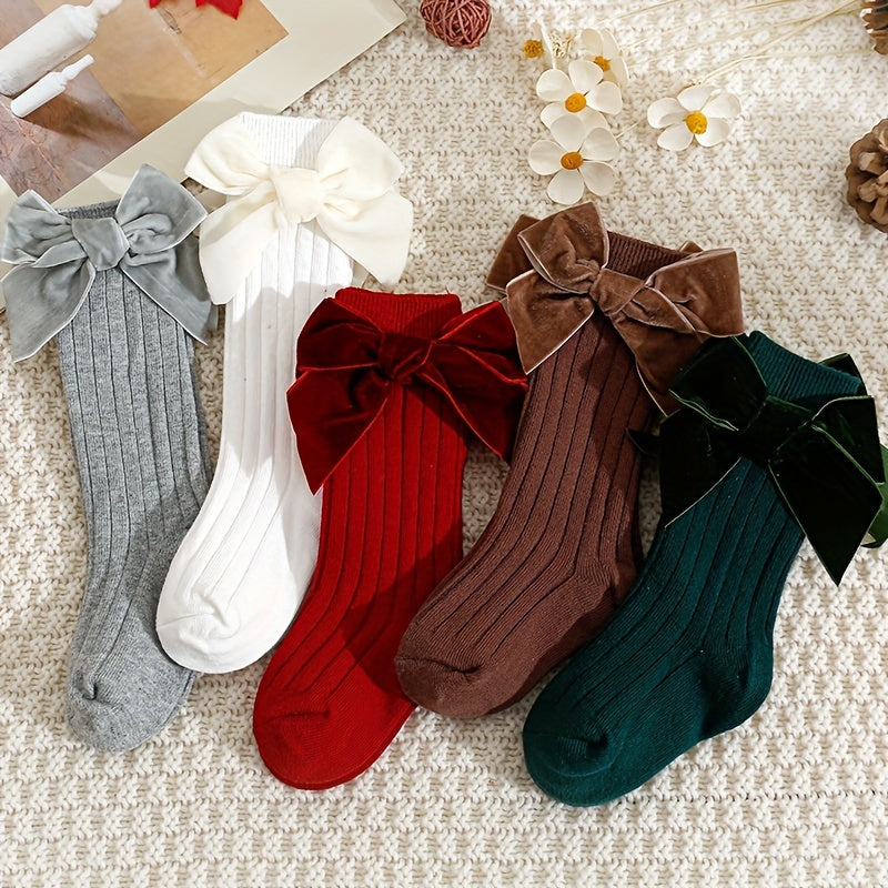 5 Pairs Baby Girl Bowknot Knee High Socks Spring Autumn