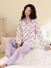 Wave Stripe Print Pajama Set Long Sleeve Button Up Top & Lounge Pants